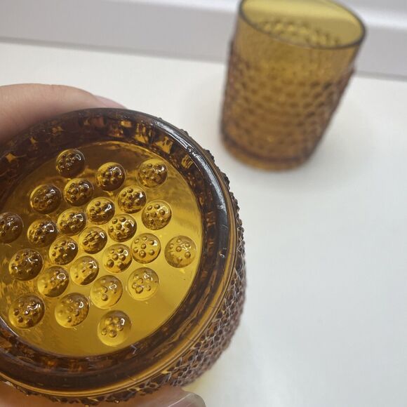 A Pair Hobbs Brockunier? Dew Drop Tumblers France Glass Hobnail 3.25”H Amber - Picture 5 of 12